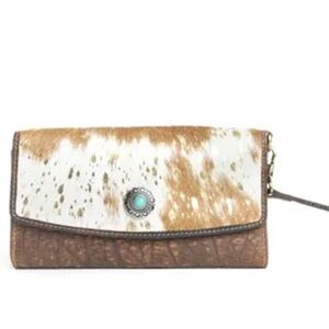 Elegant Brown and Cream Clutch with Turquoise Accent (Myra?)
